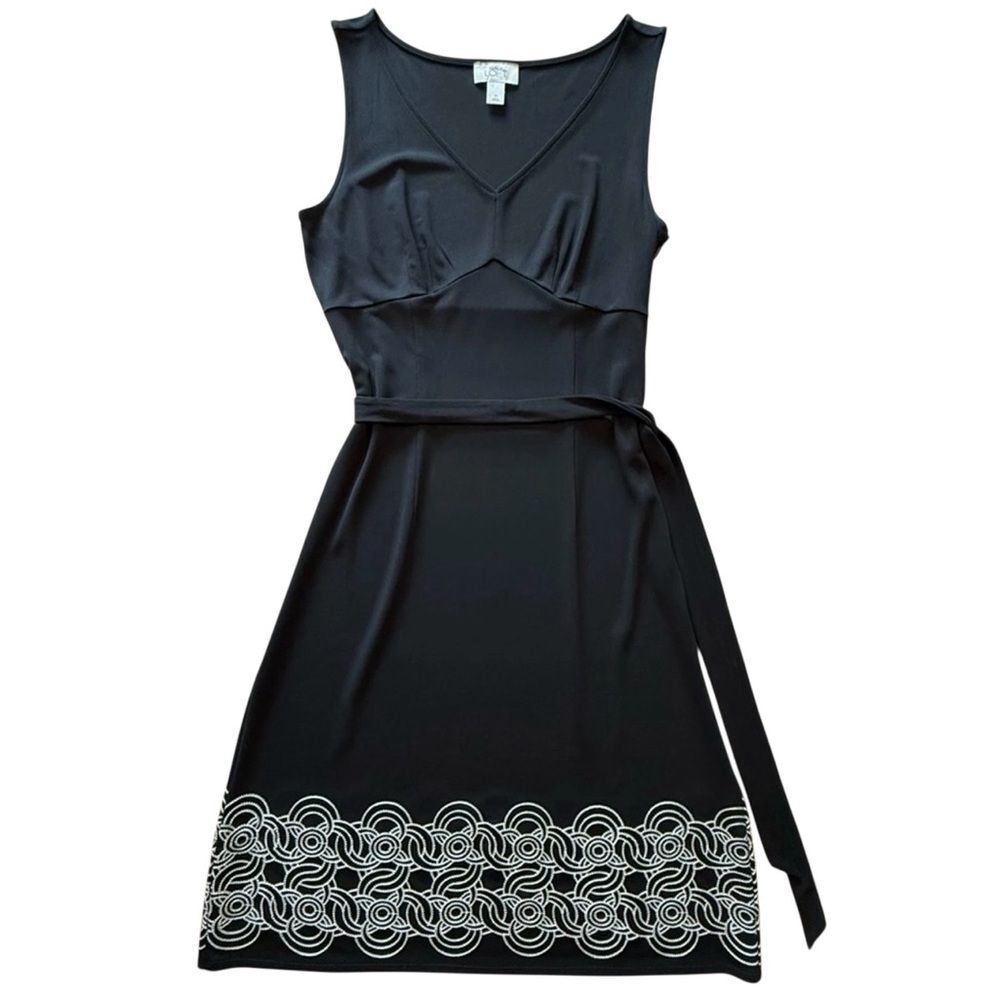 Loft Ann Taylor Black Embroidered Midi Sleeveless Dress V-Neck Waist Tie Size 10